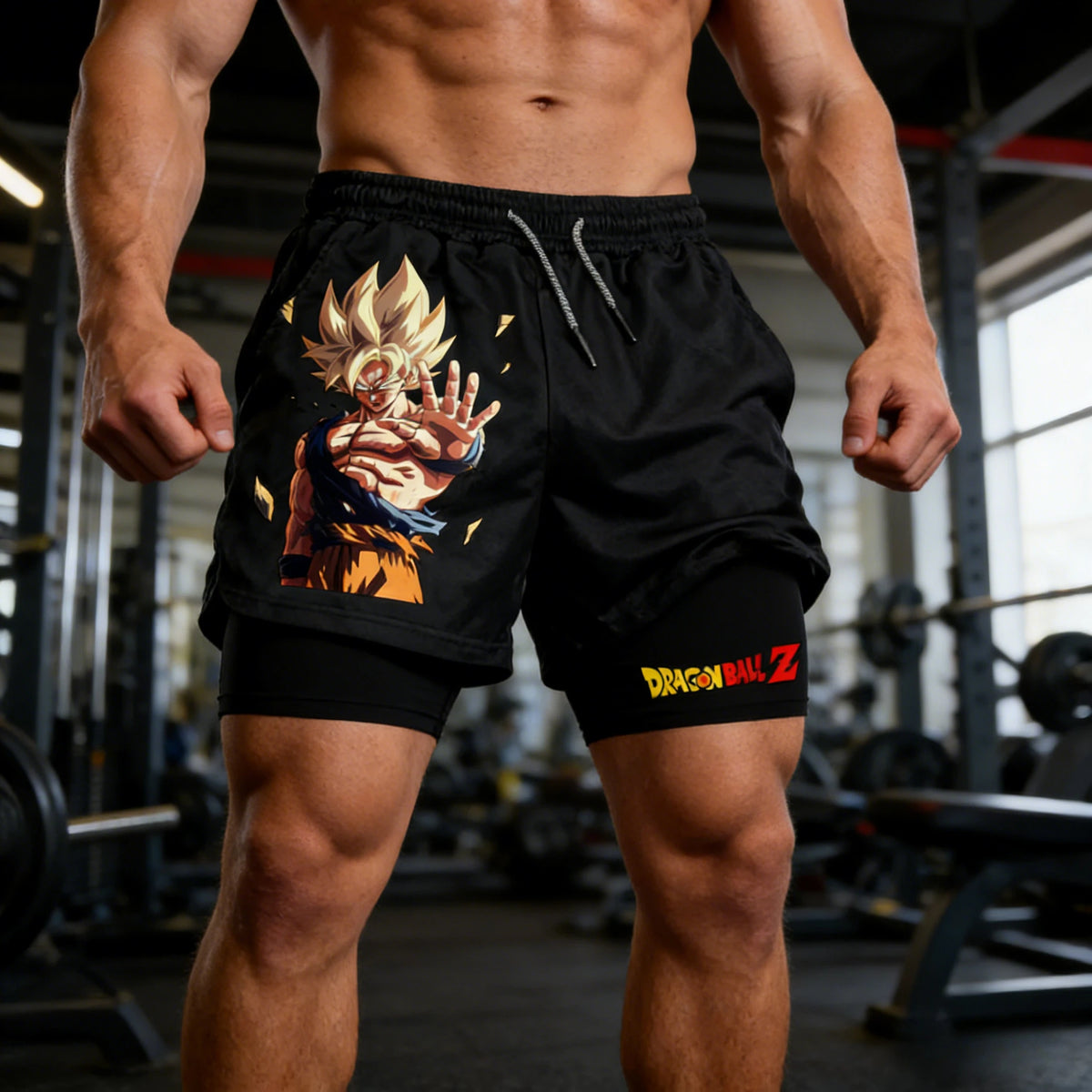 Pantalones cortos de verano «Dragon Ball Goku Super Saiyan Retro Gym» para hombre, de doble capa, 2-in-1 con estampado oversize, para fitness, entrenamiento y ropa urbana