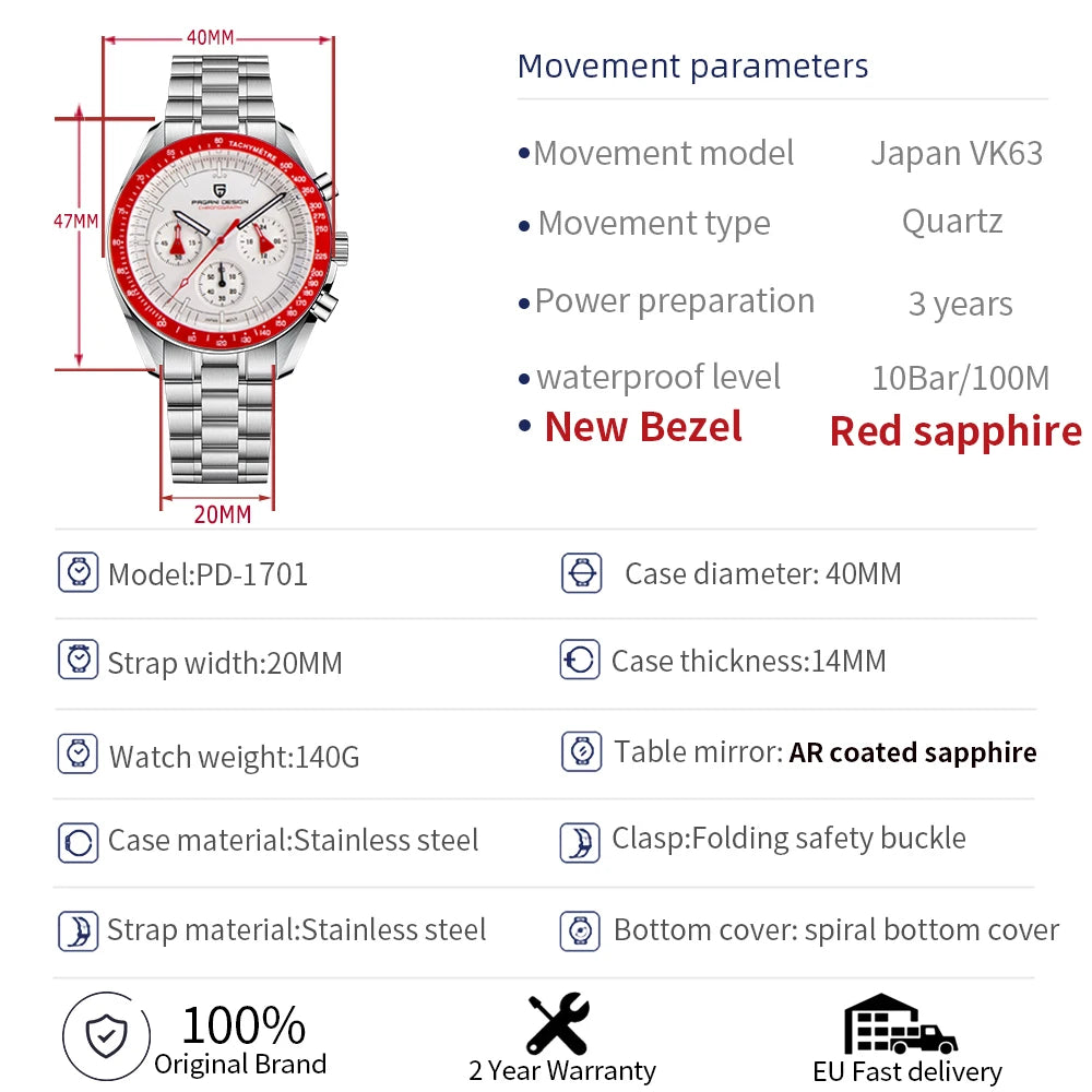 PAGANI DESIGN 2025 New AK Project Men's Watches Luxury Quartz Wrist Watch For Men AR Sapphire Speed Chronograph Automatic Date