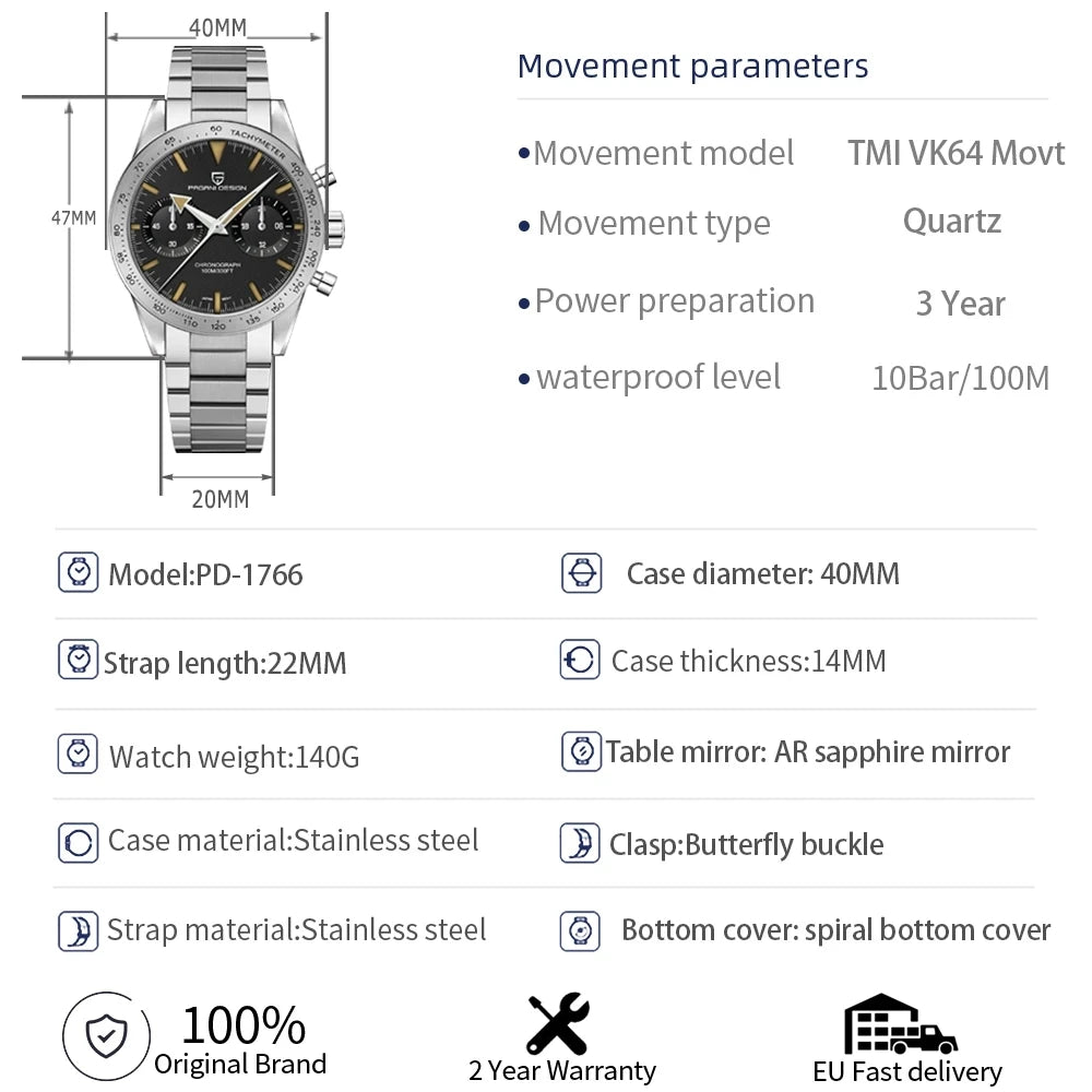 PAGANI DESIGN New 2026 Retro Luminous Moon Watch Men's Quartz Speed Sport Chronograph AR Sapphire Mirror VK64 Steel Men's Watches