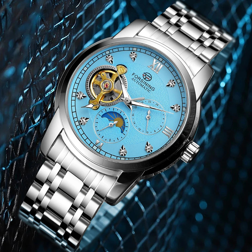 Pánské mechanické hodinky s automatickým nátahem značky Forsining – luxusní, businessový a módní styl, kovový náramek, tourbillon, luminiscenční ručičky, zdobené umělými diamanty