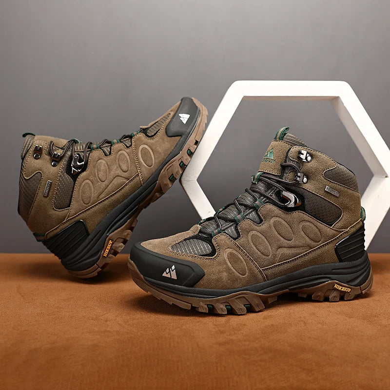 Botas de caminhada de cano alto para homem HIKEUP, calçado de inverno para exterior, com atacadores, antiderrapante, desportivo e casual, botas de trekking em camurça, quentes para homem