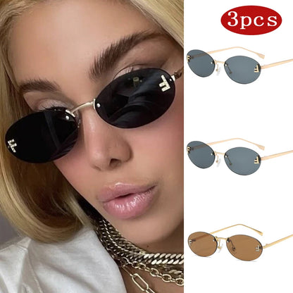Zestaw 3 par damskich modnych okularów przeciwsłonecznych bez oprawek w stylu retro, małe owalne, ze stopu metali, eleganckie okulary przeciwsłoneczne z gradientowymi szkłami, okulary na zewnątrz i w podróży