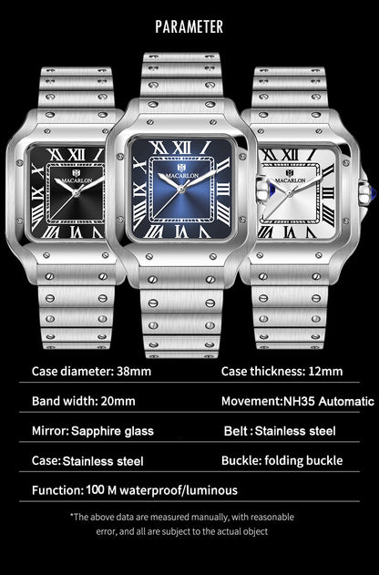 2026 New MACARLON Design 38mm Mechanical Watch Men's Sapphire Glass Luminous Stainless Steel Waterproof China NH35 Automatic Watch