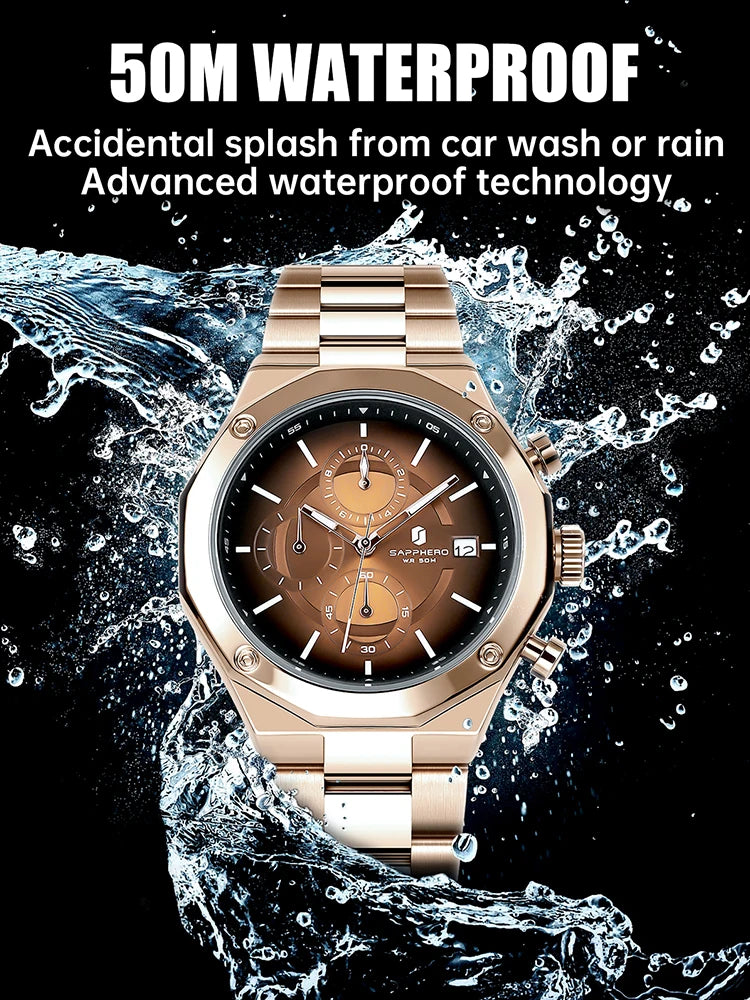 SAPPHERO Roségouden herenhorloge, modieus luxe horloge, roestvrijstalen horloge, waterdicht tot 50 m, herenhorloge, nieuwjaarscadeaus