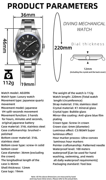 ADDIESDIVE 2025 NEW Watch For Men 316L Stainless Steel 10Bar Diving Luminous AD2096 Luxury Gift Quartz Wristwatch reloj hombre