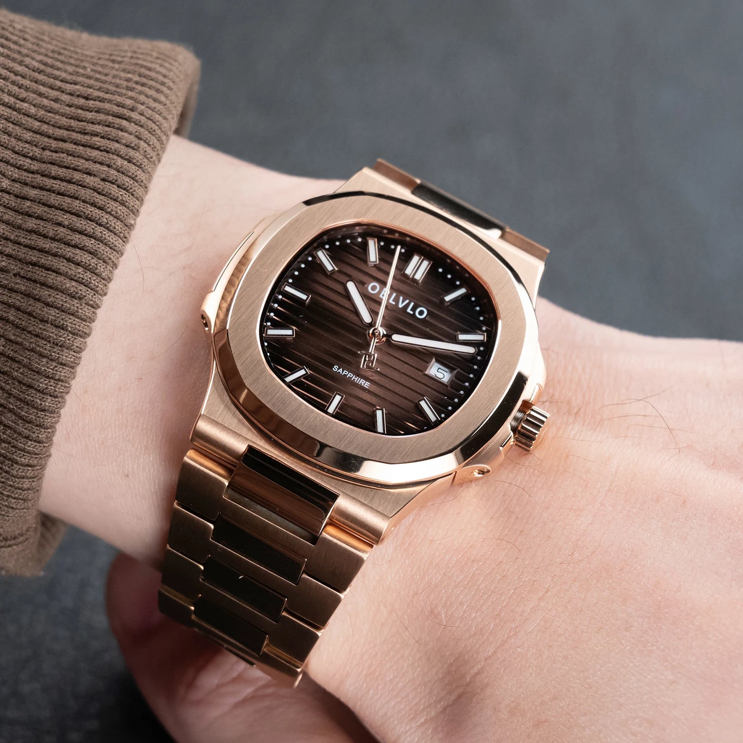 OBLVLO Men's Rose Gold Brown Dial Bracelet Watch with Date Swiss Quartz Movement Elegant Dress Watch for Gentlement FM-YWL-S