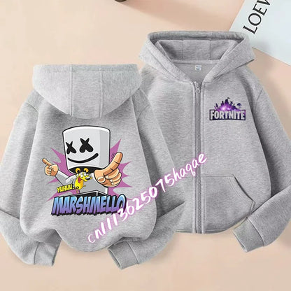 Casaco com capuz infantil Fortnite de outono, com fecho, estampado com personagem de jogo em estilo cartoon, casaco de inverno para criança, roupa para menino
