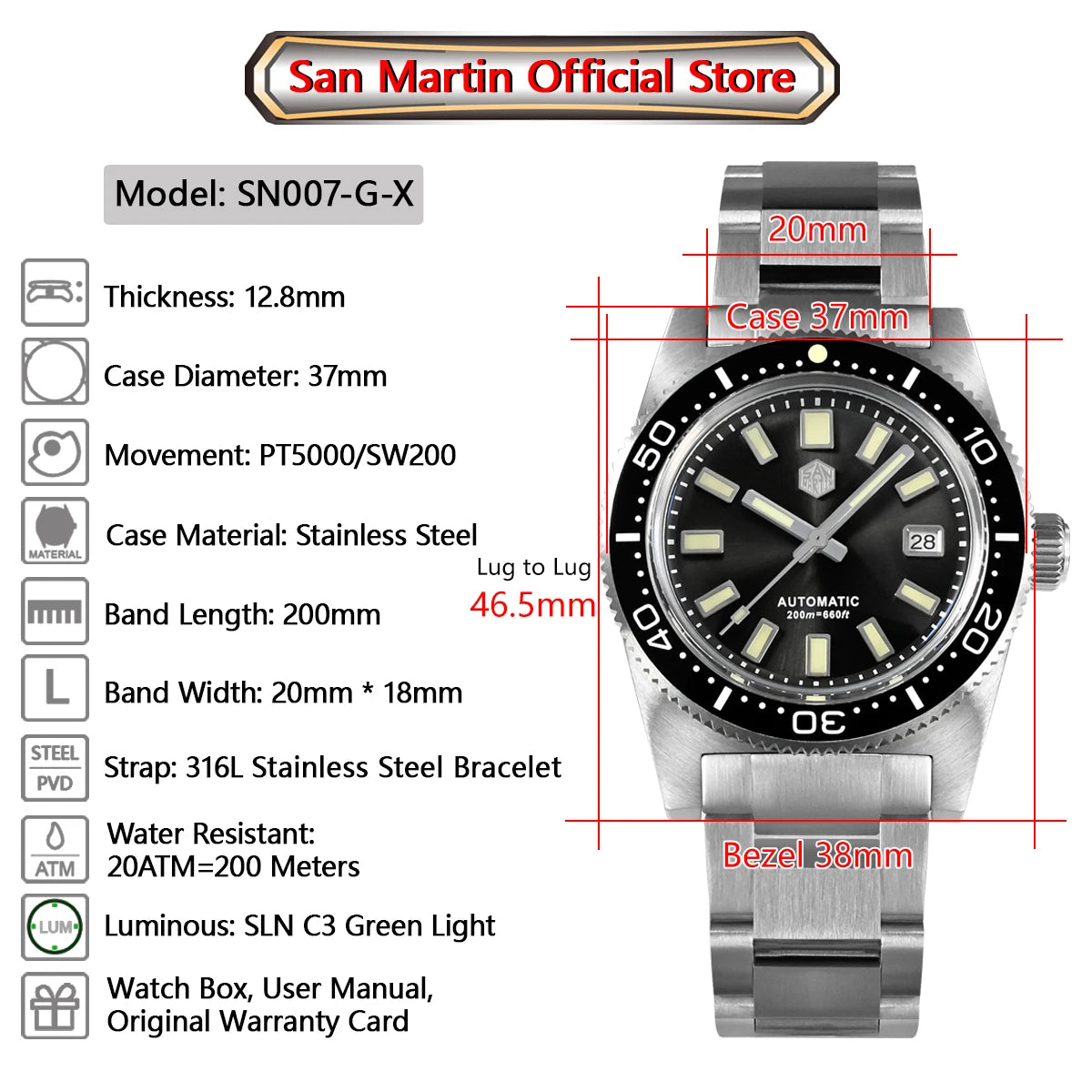 San Martin New 62mas 37mm Diver Men's Watch Classic Luxury Sapphire PT5000 SW200 Automatic Mechanical Watches Date 20Bar Luminous