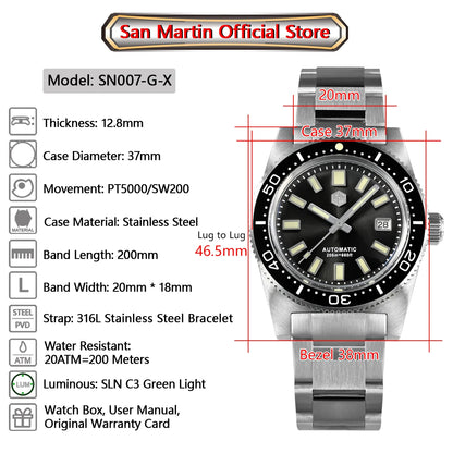 San Martin New 62mas 37mm Diver Men's Watch Classic Luxury Sapphire PT5000 SW200 Automatic Mechanical Watches Date 20Bar Luminous