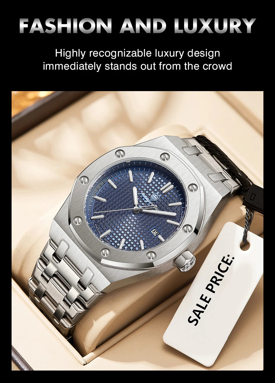 PAAZOMU Luxe vierkant herenhorloge met quartz, waterdicht, verlicht datumvenster, herenhorloge van roestvrij staal, zakelijke herenhorloges
