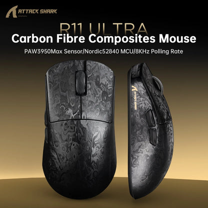Attack Shark R11 Ultra 8K Carbon Fiber Gaming Mouse, PAW3950MAX, 49g Ultra-Lightweight, Wireless 8000Hz Polling,Tri-Mode