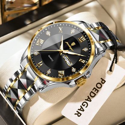 POEDAGAR herenhorloge, origineel luxemodel, waterdicht, verlicht, met datum- en dagweergave, elegante stijl, roestvrijstalen kast, quartz uurwerk, ideaal voor op het werk.