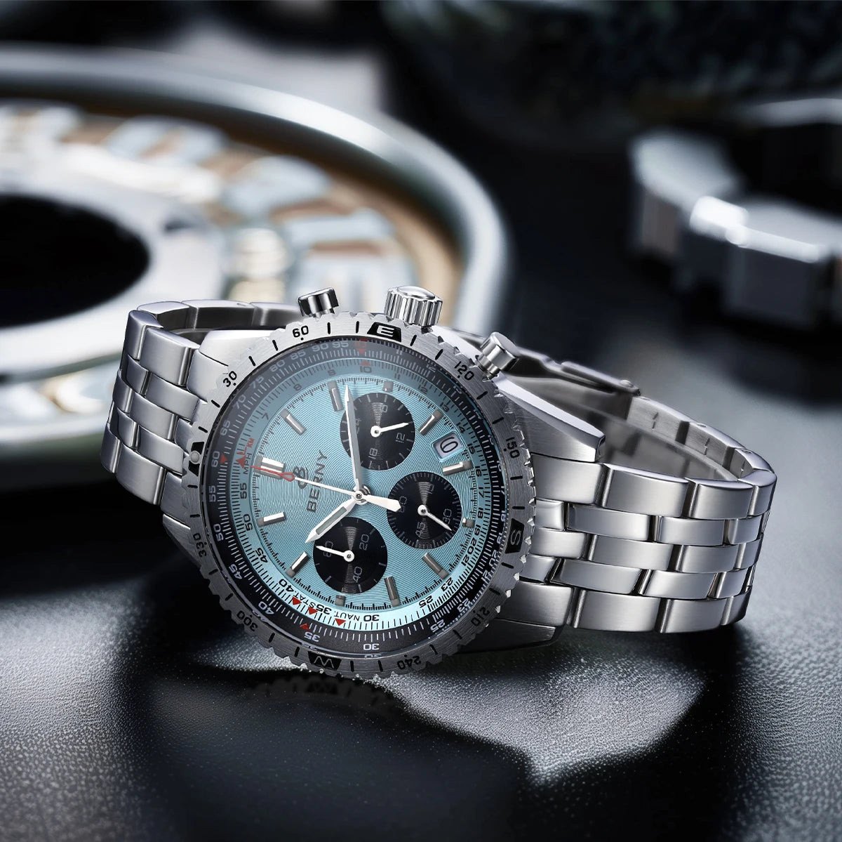 Pánské hodinky BERNY Aviation – křemenný chronograf s datem, safírovým sklem a ultraluminiscenční vrstvou – elegantní hodinky luxusní značky