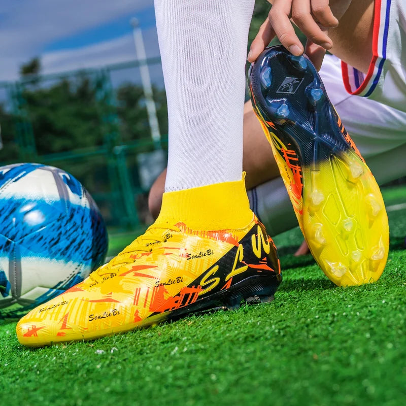 Sapatilhas de futebol de marca e estilo para homem e mulher, botas profissionais de campo, tamanho grande 46, pitões longos, chuteiras de futebol para homem