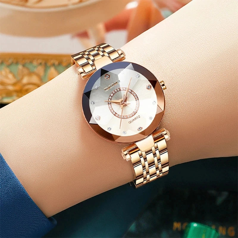 SENO Ocean Star Women Crystal Watch 2025 Top Brand Luxury Rose Gold Women Bracelet Watch For Ladies Wrist Watch Relogio Feminino