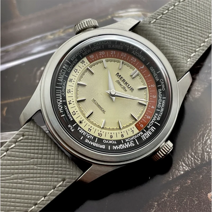 Merkur World Time Men's Retro Mechanical Watch for Men Waterproof Leather 38mm Reloj Hombre
