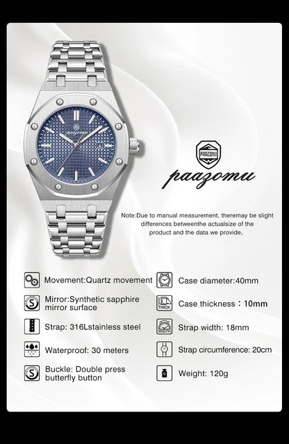 PAAZOMU Luxe vierkant herenhorloge met quartz, waterdicht, verlicht datumvenster, herenhorloge van roestvrij staal, zakelijke herenhorloges