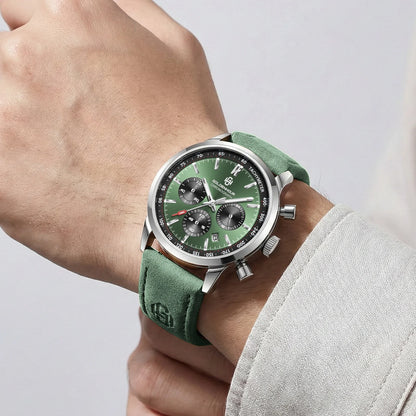 Luxusné pánske hodinky GOLDENHOUR – kremeňový chronograf, zelený ciferník, kožený remienok, vodotesné, luminiscenčné, vojenský a športový štýl