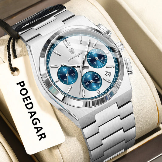POEDAGAR Fashion Men's Wristwatch Chronograph Date Stainless Steel Quartz Man Clock Waterproof Luminous Business Watches For Men