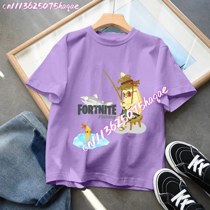 T-shirts Fortnite para Criança com Figuras Anime Estampadas, Tops de Desenho Animado Fortress Night, Roupa de Verão para Meninas, Manga Curta, Pullover Tees