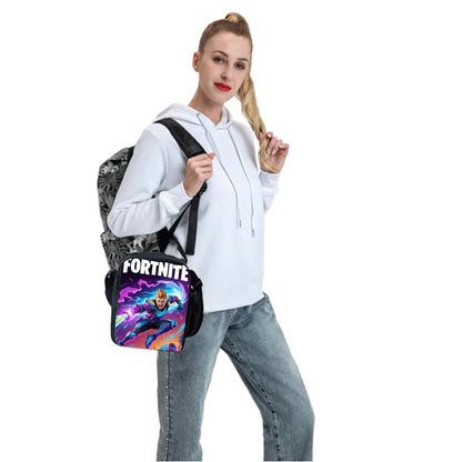 Fortnite Cartoon Lunch Bag for Boys Girls Unisex Reusable Insulated Lunch Box Portable Handbag Large Capacity for School Picnic