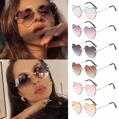 Ochelari de soare în formă de inimă, cu ramă metalică fără ramă, lentile degradate, ochelari de soare „Love Heart” pentru femei, protecție UV400