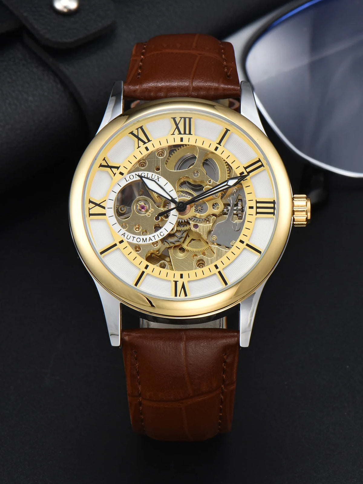 Automatikuhr für Herren, Luxusausführung, Zifferblatt mit römischen Ziffern, sichtbares Uhrwerk (Skelett), wasserdicht, leuchtende Zeiger, Lederarmband – Eine ideale Wahl als Geschenk.