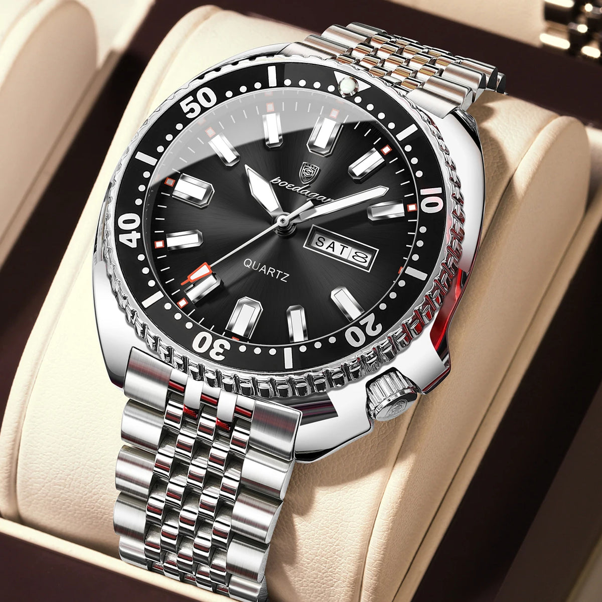 Montre homme POEDAGAR de luxe, style business, avec date et jour de la semaine, étanche et lumineuse, en acier inoxydable et à quartz.