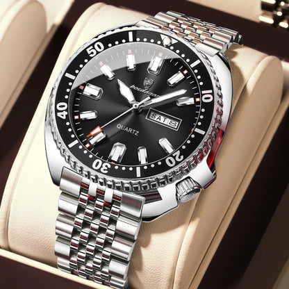 Montre homme POEDAGAR de luxe, style business, avec date et jour de la semaine, étanche et lumineuse, en acier inoxydable et à quartz.