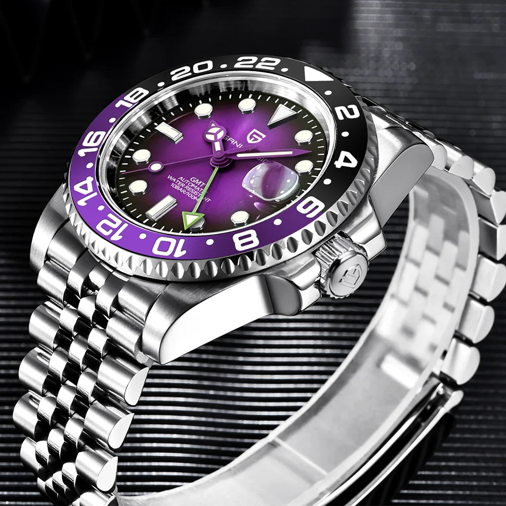 Relógio mecânico para homem Pagani Design GMT – Modelo de luxo com vidro de safira, caixa em aço inoxidável e luneta em cerâmica – Relógio automático para homem, estilo profissional