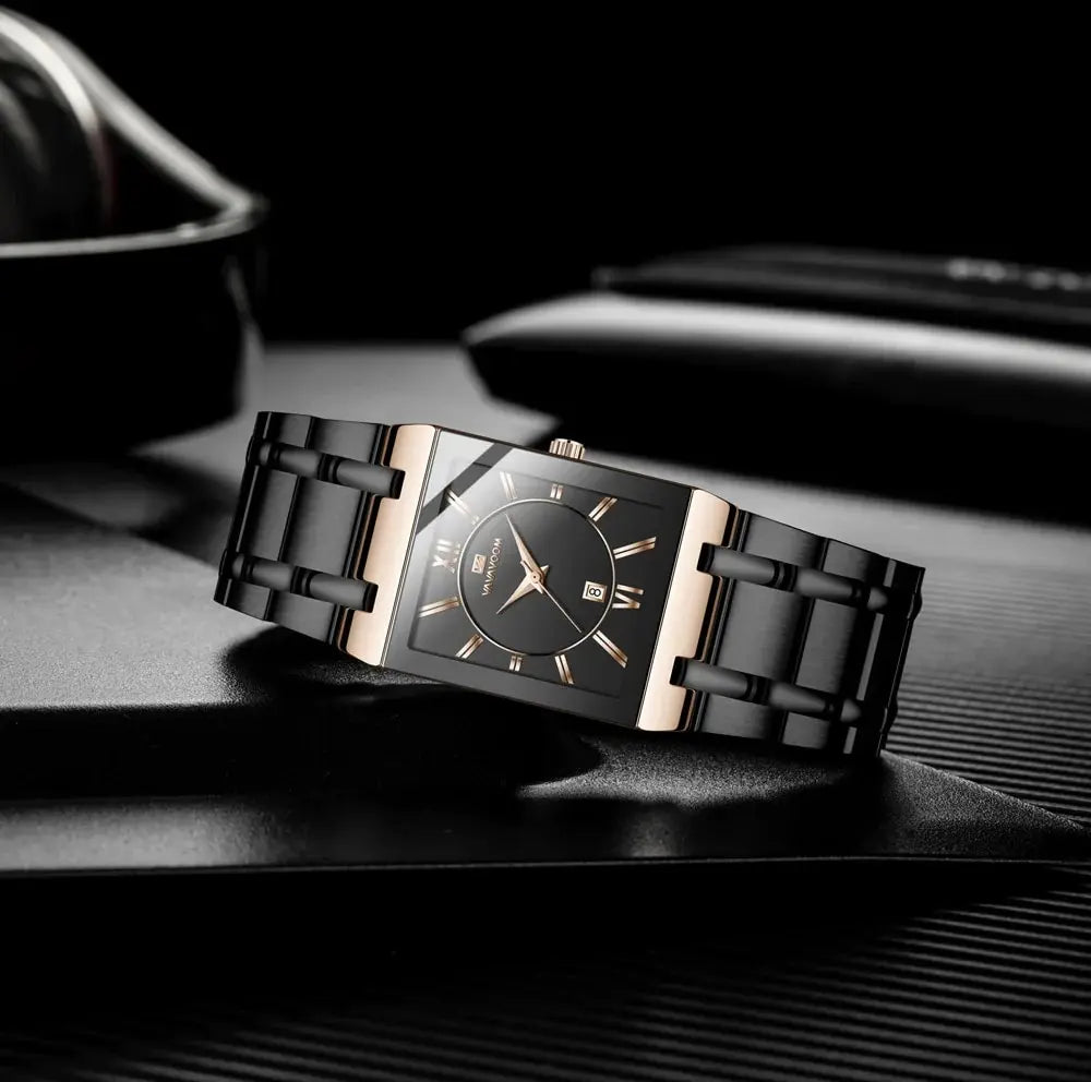 Men Business Watch Simple Design Luxury Fashion Rectangular Black Gold Stainless Steel Calendar Waterproof Quartz Men's Watches