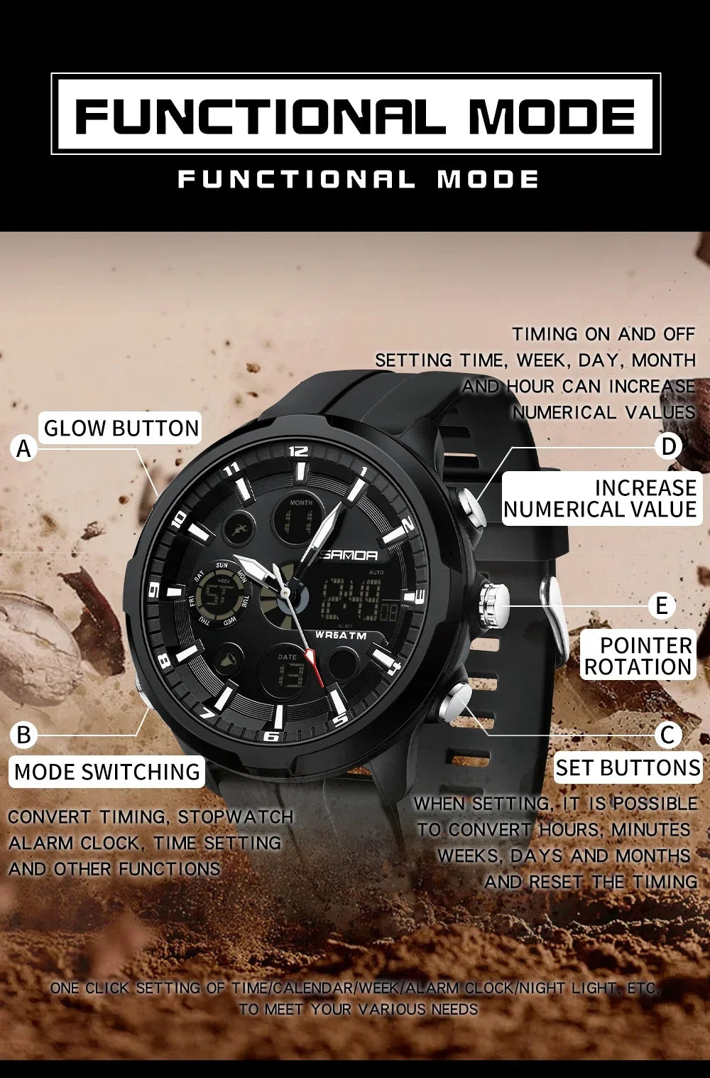 SANDA 9053 G Sportieve militaire herenhorloges Luxe digitaal horloge 50 m waterdicht quartz-polshorloge voor mannen Relogios Masculino