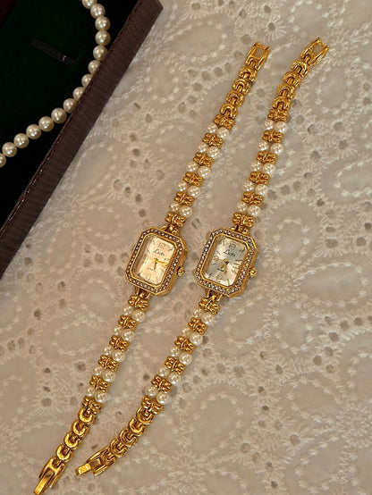 1 new gold luxury ladies waterproof quartz watch rectangular dial with double-row pearl bracelet simple niche ladies watch