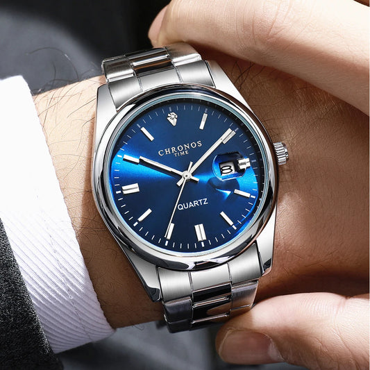 Relógio de pulso para homem CHRONOS – Marca de luxo, estanque, luminoso, com indicador de data, em aço inoxidável, com movimento de quartzo.