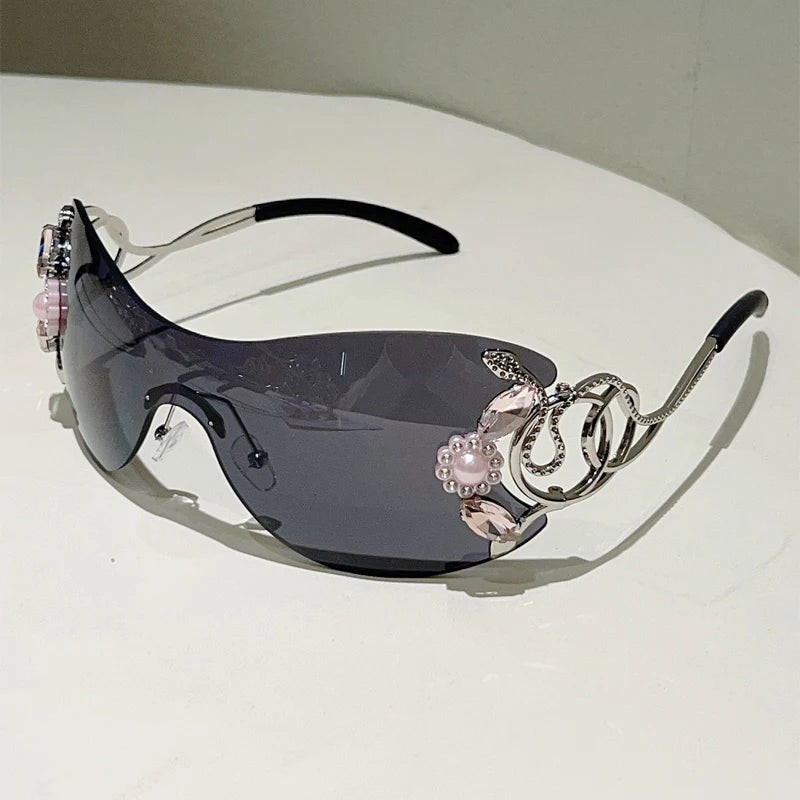 KAMMPT Rimless Y2k Sunglasses with Rhinestones Women Fashion Monoblock Outdoor Decor Shades Trendy Design Gradient Sun Glasses