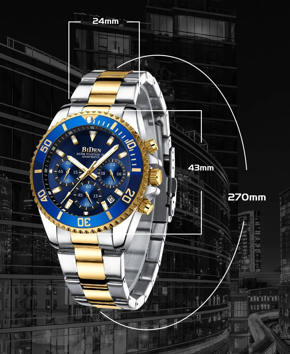 BIDEN Multi-functional men's quartz watch luxury waterproof night light business style diving series casual fashion watch