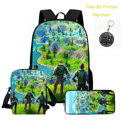3Pcs Kids Backpack Set, Crossbody & Pencil Bag, FORTNITE Cartoon Bag, Lightweight for Boys Girls 5-10, Free 3D Printed Keychain