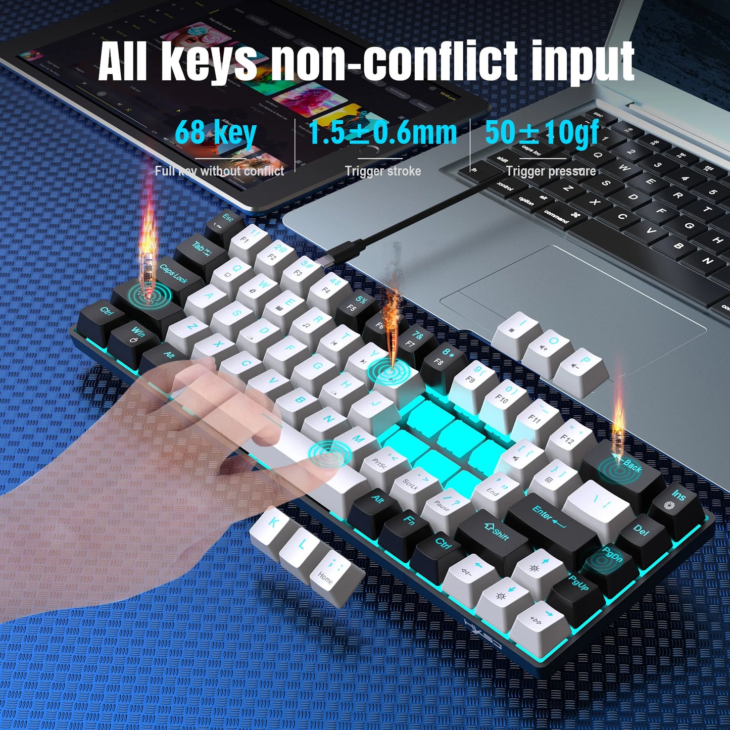 Hot sale HXSJ V800 68 key wired keyboard Hot swappable switch ergonomic ice blue backlight durability gaming mechanical keyboard