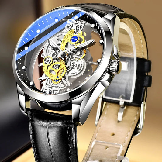 Relógio de moda para homem, modelo com abertura dupla, estilo luxuoso dourado, imitação de turbilhão mecânico, movimento de quartzo.