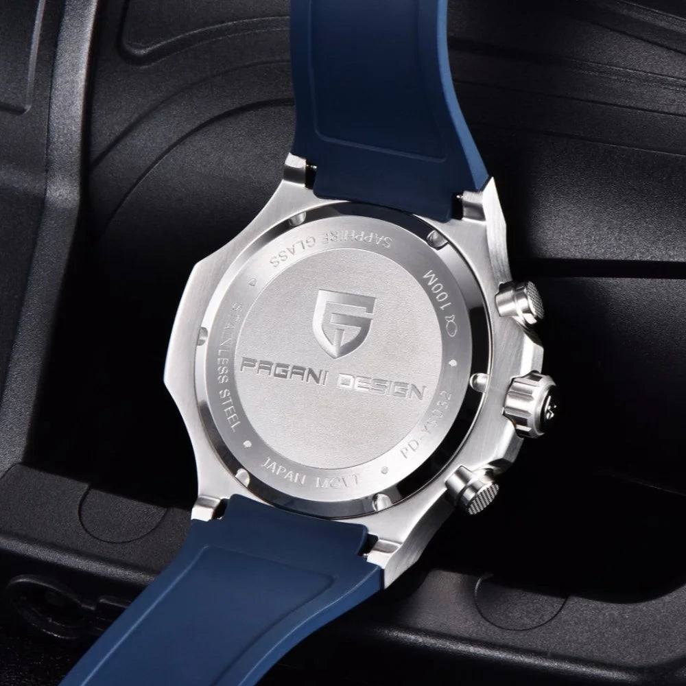 PAGANI DESIGN PD-YS032 Men's Quartz Watch 44mm Japan VK64 Movement Stainless Steel Case Rubber Strap Sapphire Glass 100M Waterproof