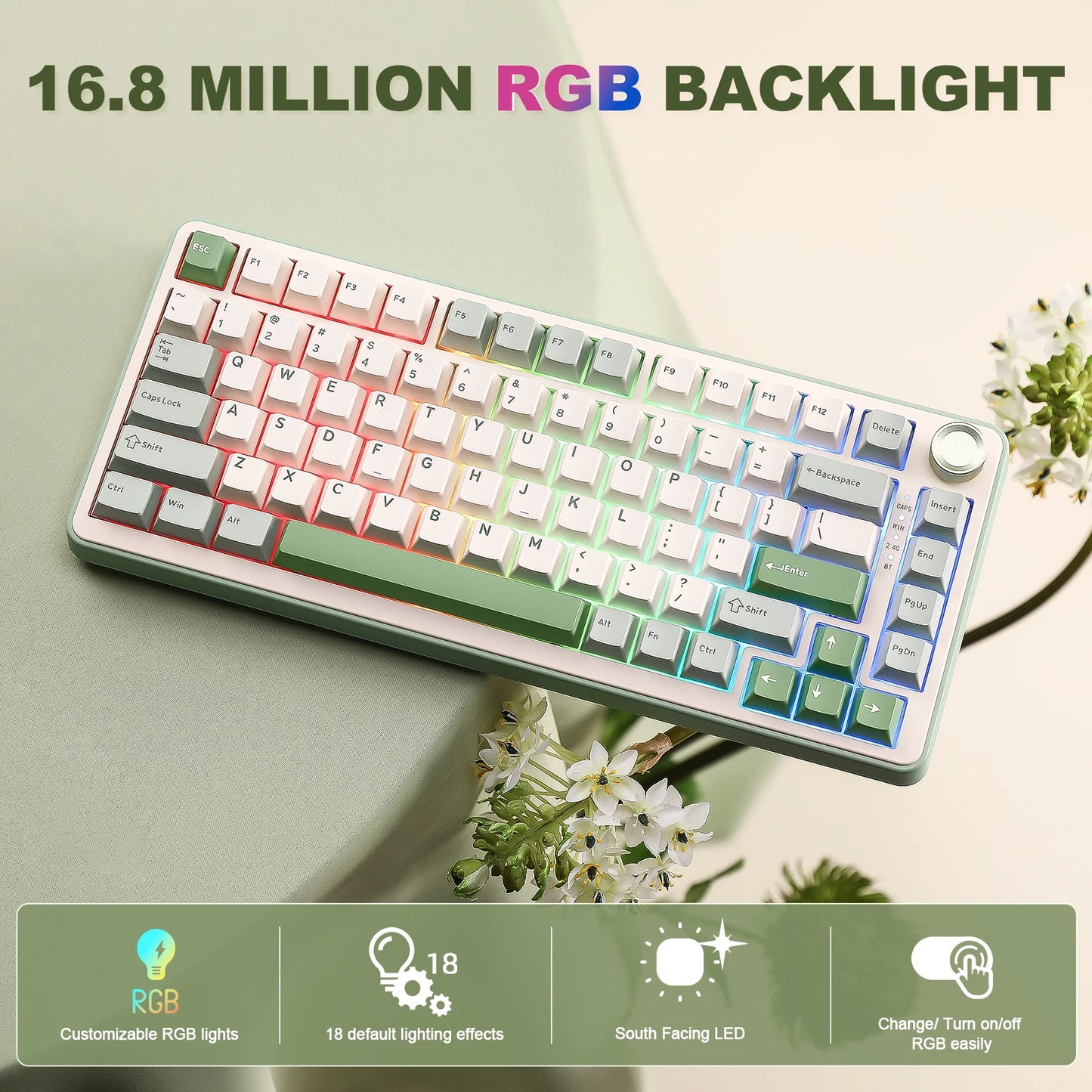 YUNZII B75 PRO Green Mechanical Gaming Keyboard, Gasket 75 Knob RGB Keyboard, BT/Wired/Wireless Hot-Swap Custom Creamy Keyboard