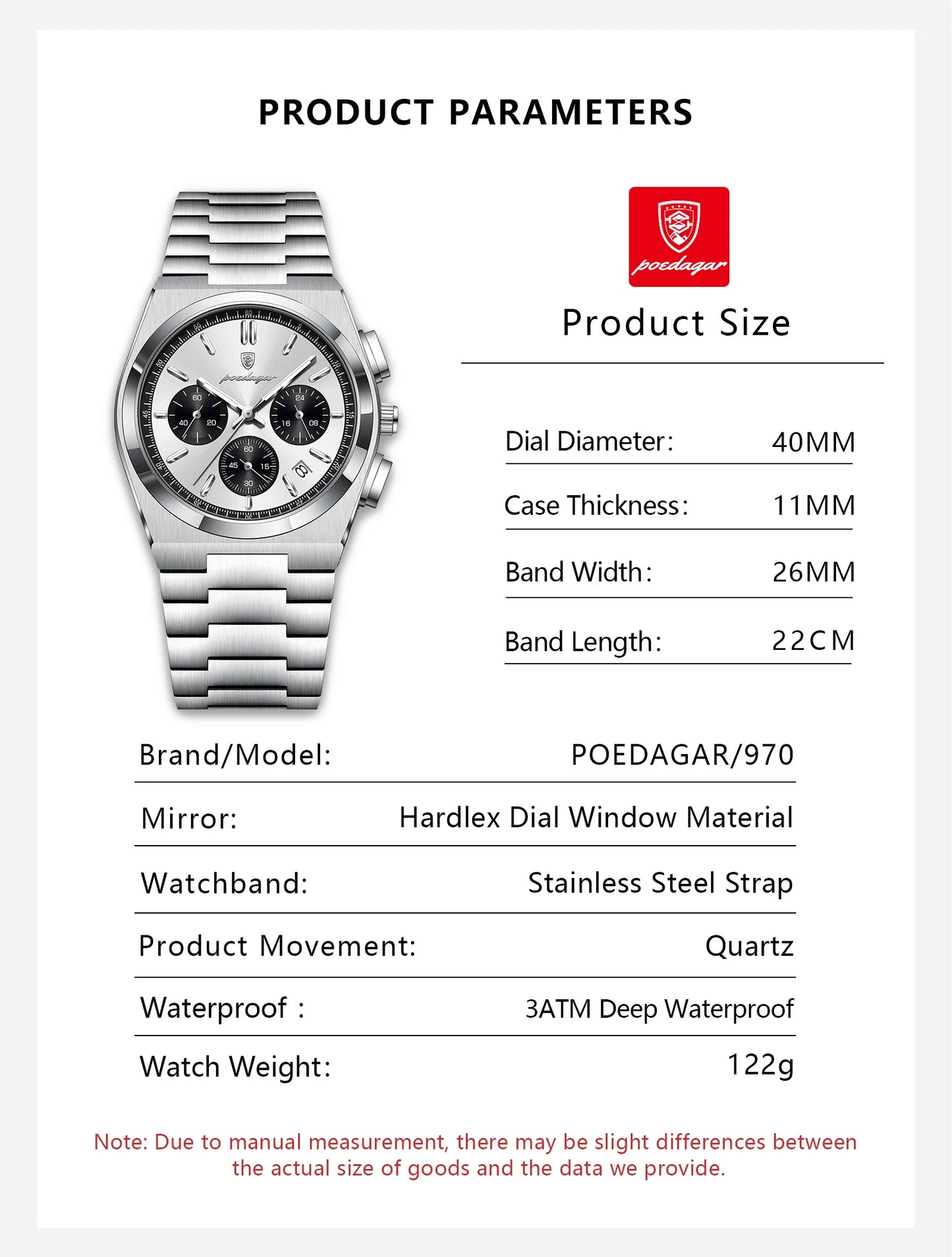 POEDAGAR Luxury Men's Watch Chronograph Date Stainless Steel Casual Man Clock Waterproof Luminous Fashion Quartz Watches For Men