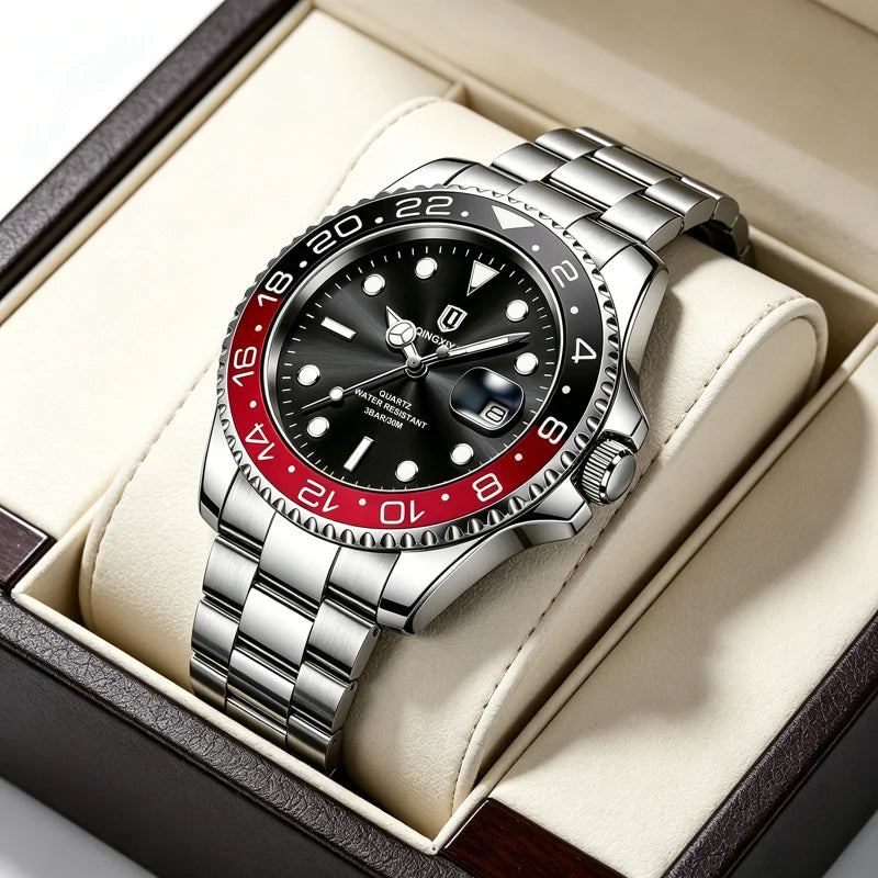 QINGXIYA Luxe herenhorloges met kwartsmechanisme, roestvrij staal, waterdicht, verlicht, datumweergave, herenpolshorloge, reloj hombre