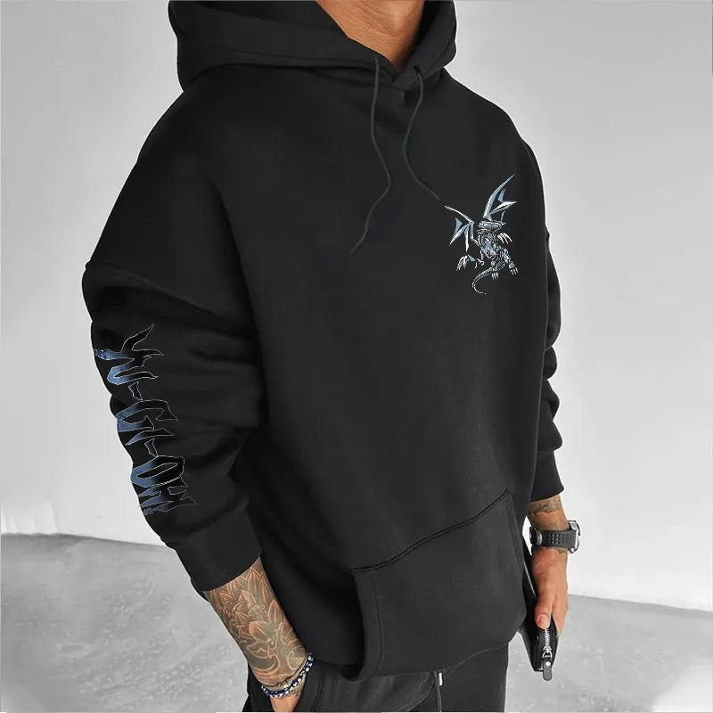 Sudadera con capucha ancha para hombre, de otoño/invierno, gruesa, estilo Y2K, con estampado del personaje clásico del anime Yu-Gi-Oh: el Dragón Blanco de Ojos Azules, ideal para Halloween y cosplay.