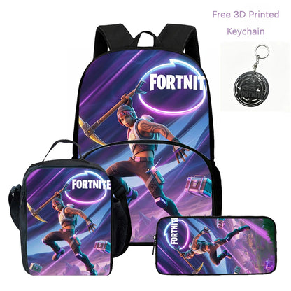 Lightweight FORTNITE 3Pcs Backpack With Front Pocket Lunch Bag Pencil Bag Free 3D Printed Keychain For Boys Girls Kids Aged 5-10