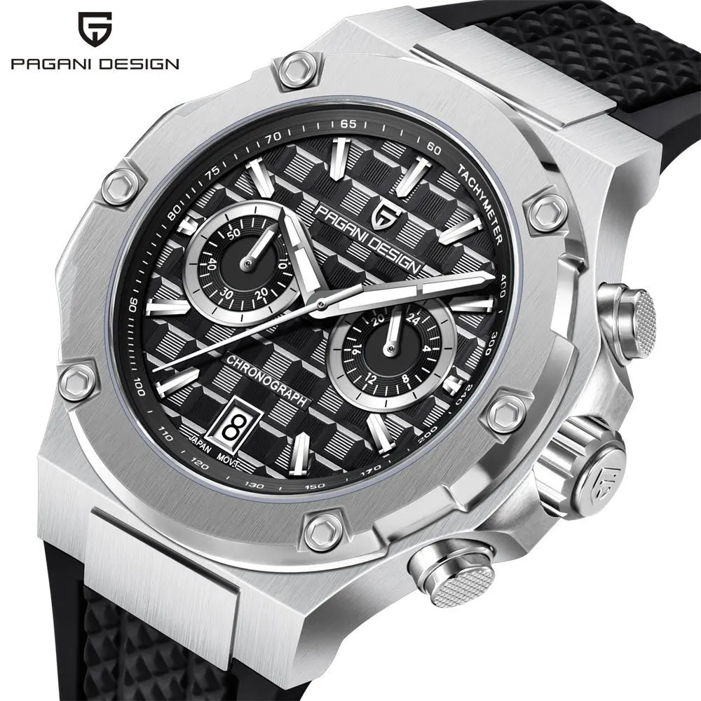 PAGANI DESIGN PD-YS032 Men's Quartz Watch 44mm Japan VK64 Movement Stainless Steel Case Rubber Strap Sapphire Glass 100M Waterproof
