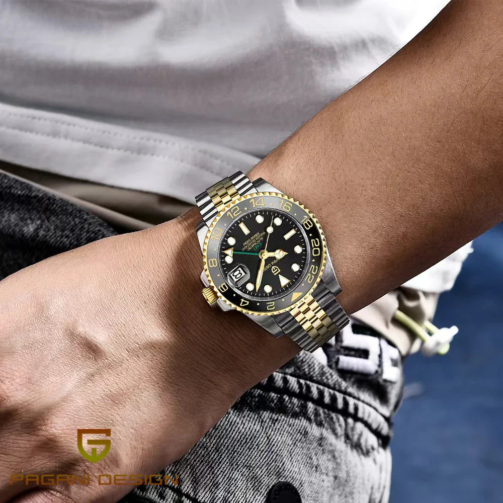 Relógio mecânico para homem Pagani Design GMT – Modelo de luxo com vidro de safira, caixa em aço inoxidável e luneta em cerâmica – Relógio automático para homem, estilo profissional