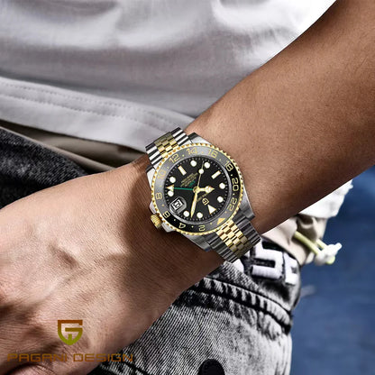 Relógio mecânico para homem Pagani Design GMT – Modelo de luxo com vidro de safira, caixa em aço inoxidável e luneta em cerâmica – Relógio automático para homem, estilo profissional