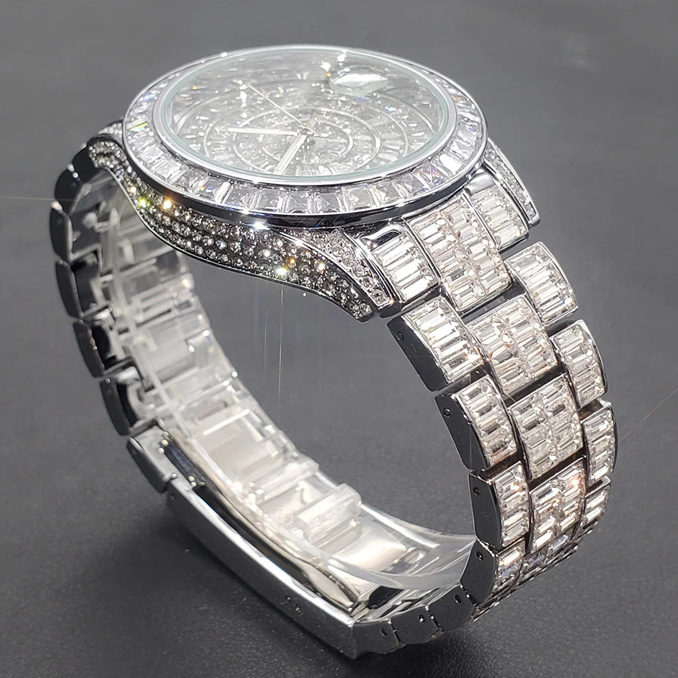 Full Iced Out Watches For Men Luxury Handmade Mosaic Diamond Silver Steel Watch Fashion Hip Hop Silver Automatic Date Male Clock
