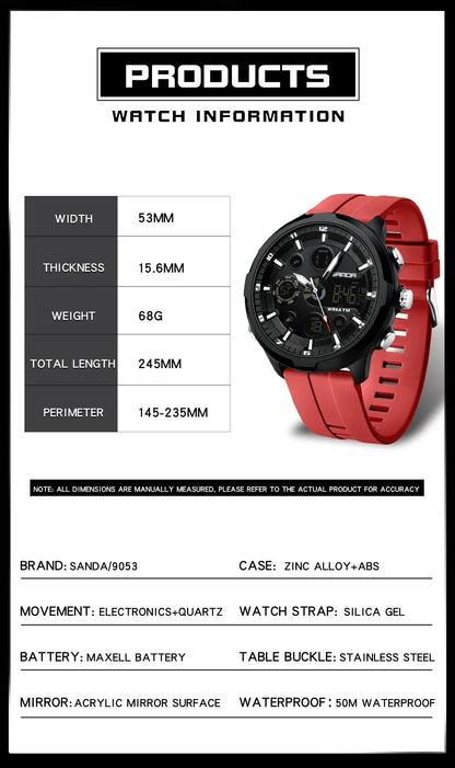 SANDA 9053 G Sportieve militaire herenhorloges Luxe digitaal horloge 50 m waterdicht quartz-polshorloge voor mannen Relogios Masculino